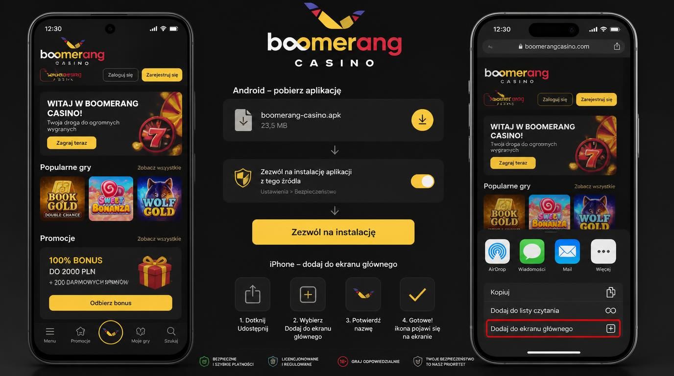 Interfejs instalacji Boomerang Casino na Androidzie i iOS z polskimi komunikatami
