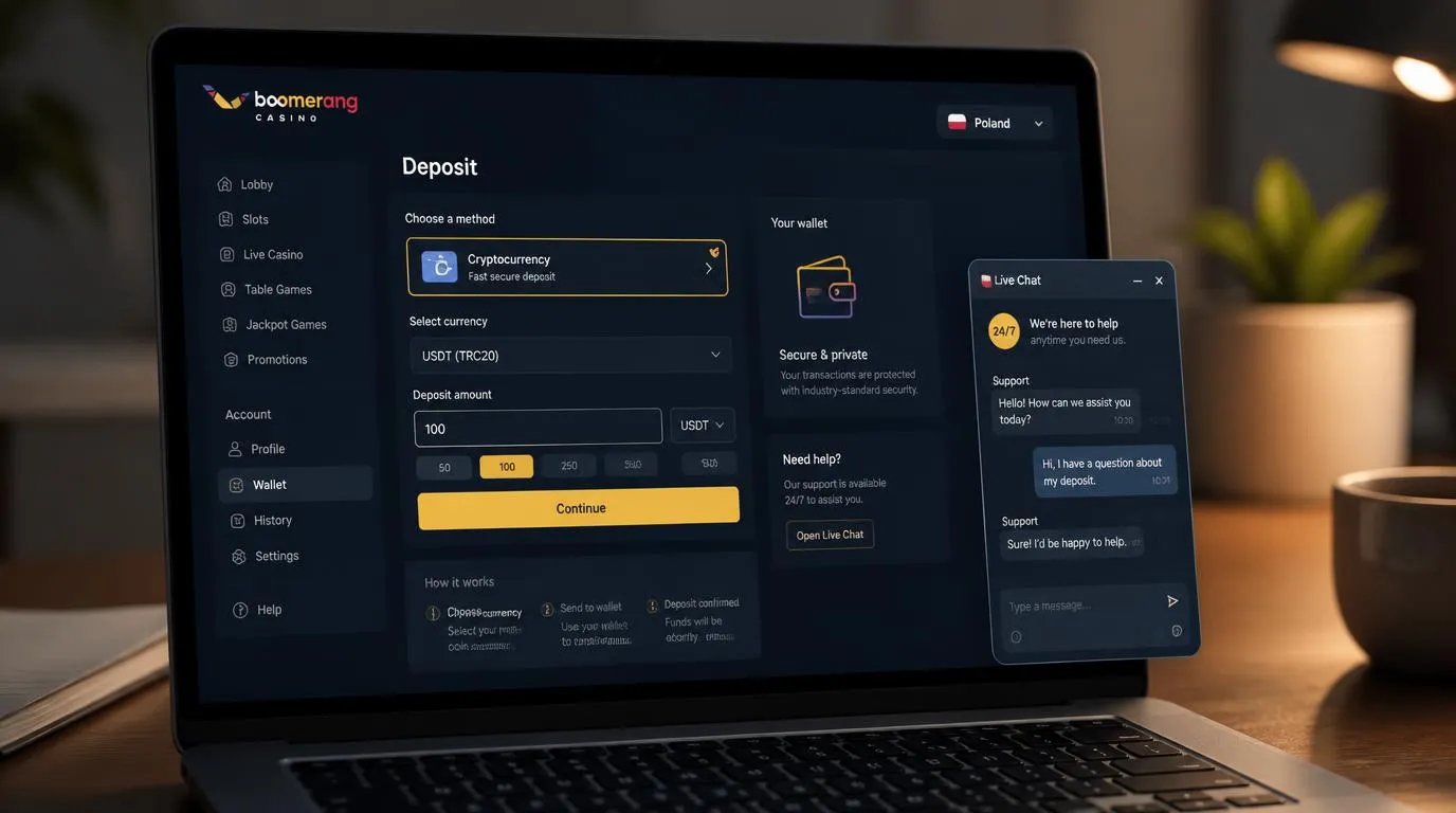 Ekran kasyna z opcją wpłaty kryptowalutą i oknem czatu dostępnego przez całą dobę