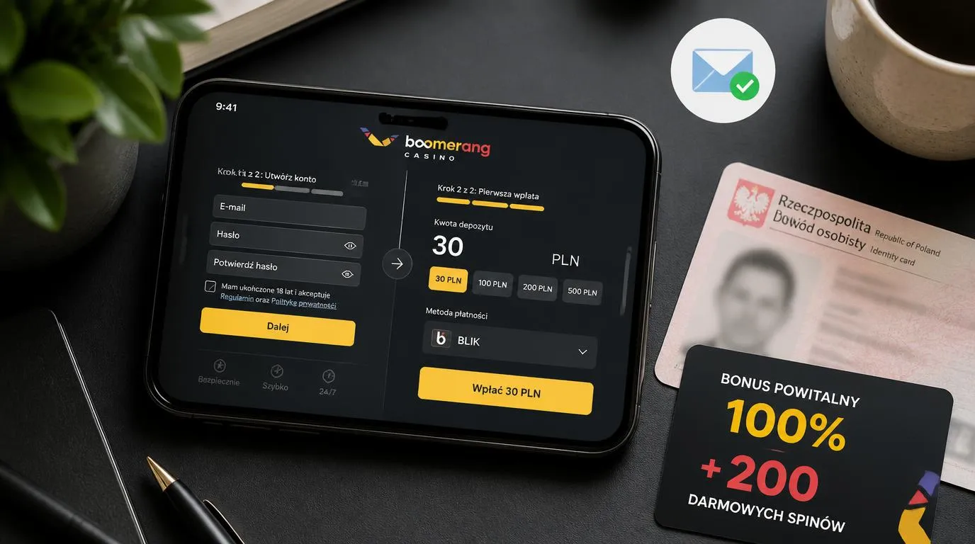 Telefon z formularzem rejestracji i ekranem wpłaty 30 PLN obok dokumentu do weryfikacji