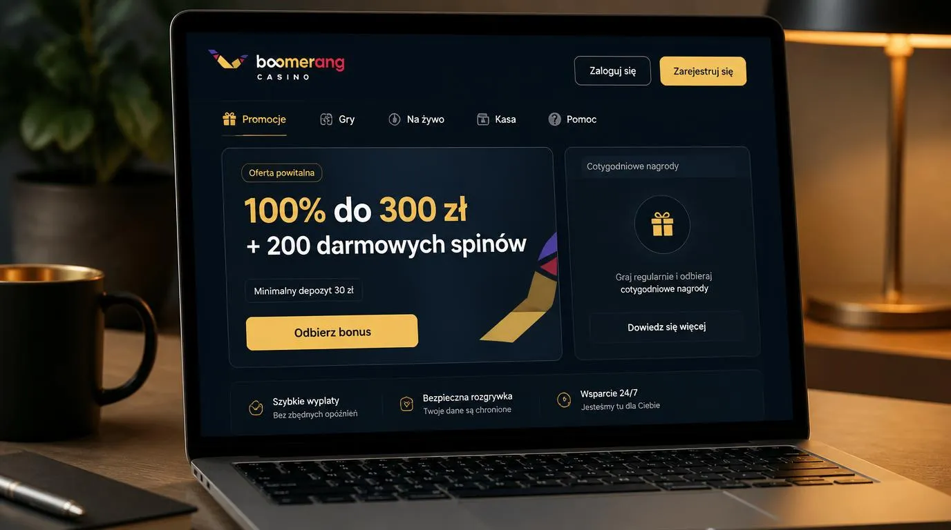 Ekran promocji kasyna z pakietem powitalnym 100% do 300 zł, 200 darmowymi spinami i progiem wpłaty 30 zł