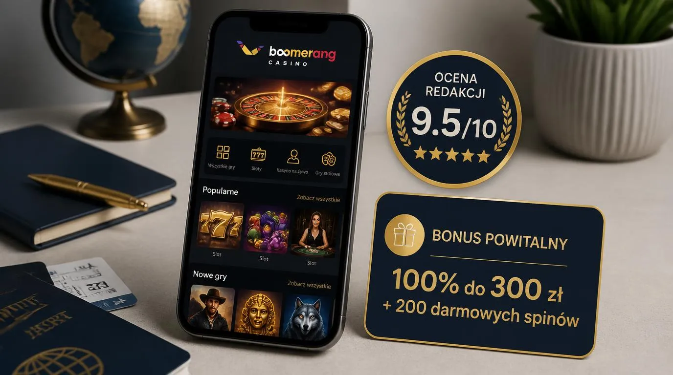 Telefon z ekranem kasyna, oceną 9,5/10 i kartą oferty powitalnej na neutralnym tle